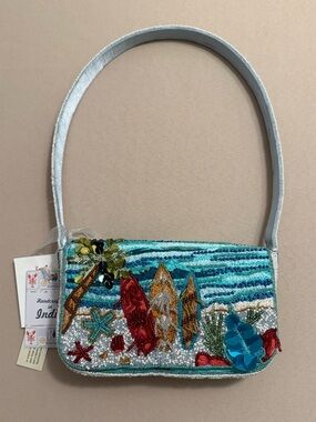 India Beaded Bag Turquoise Ocean Beach Surf Boards & Palm Tree